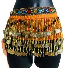 Belly Dance Hip Wrap Vibrant Orange with Gold Coins and Colorful Gems
